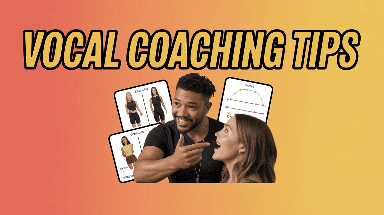 Vocal Coaching Tips Thumbnail Layout, featuring a confident vocal coach guiding a singer with overlay exercise cards and breath control diagrams