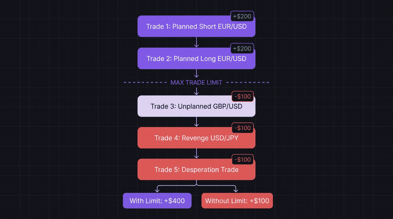 Flowchart showing the five-trade overtrading spiral from planned trades to revenge trades