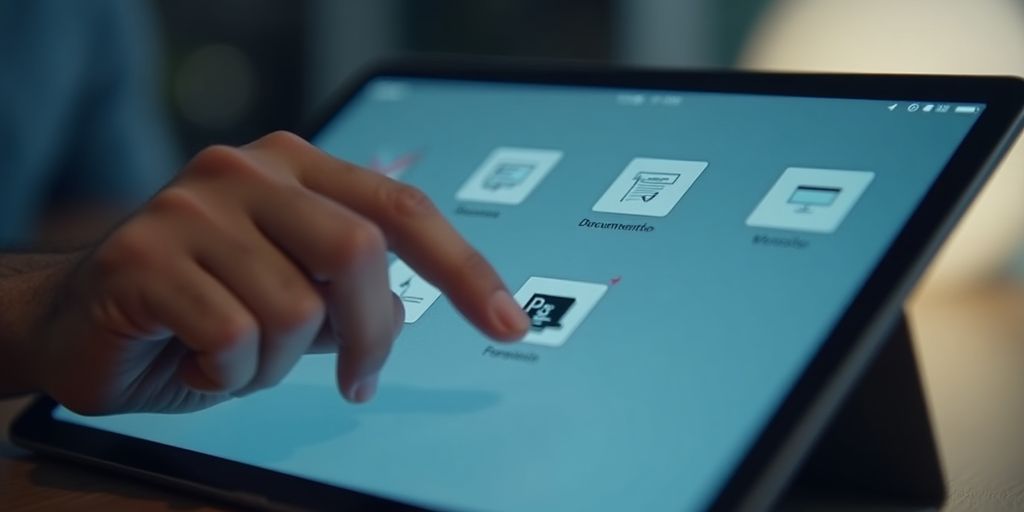 Hand using a digital tablet for document management.