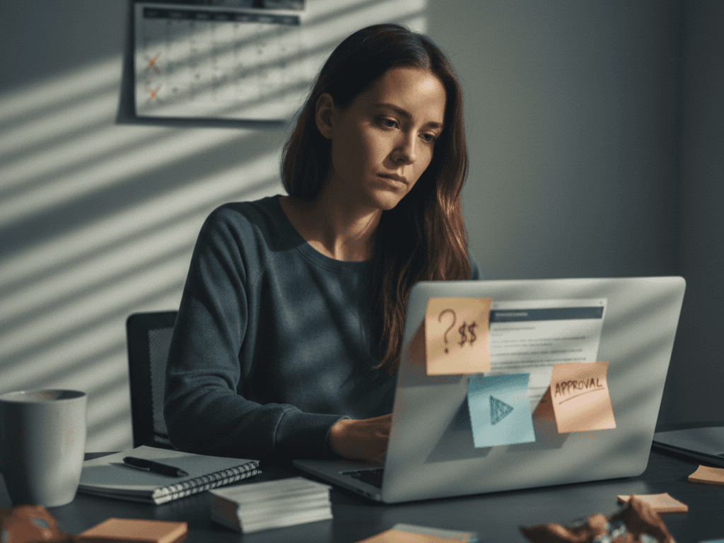 Exhibitor at trade show booth looking stressed over scattered business cards and incomplete notes, symbolizing fading event conversation memory and generic follow-ups without AI context enrichment.