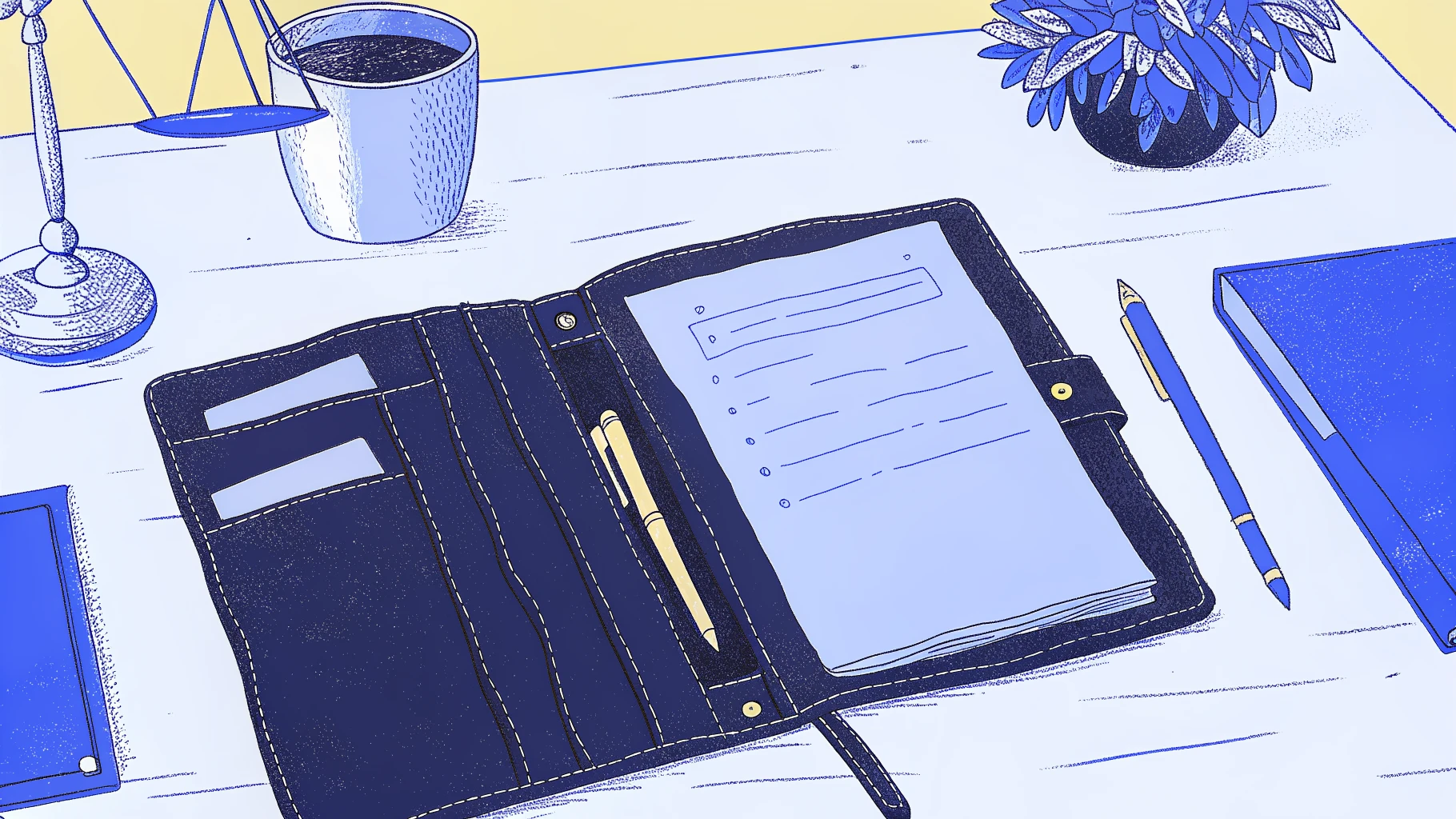 CEO desk with legal portfolio, AI panel, justice scale, and title closing document