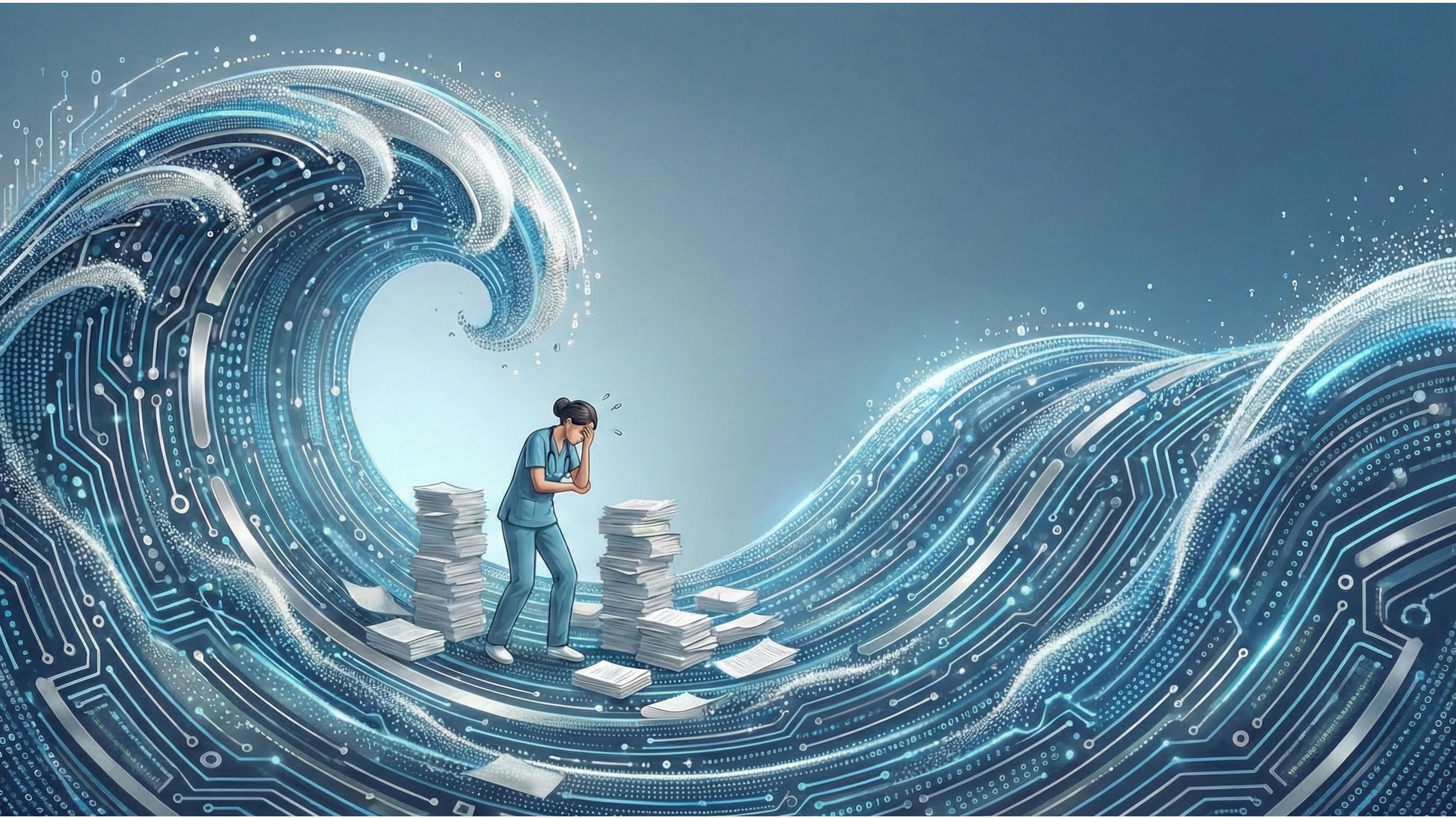 Split-screen illustration showing the contrast between manual and automated home health documentation. On the left, a stressed, exhausted nurse sits at a messy table late at night surrounded by stacks of paper OASIS forms. On the right, a happy, confident nurse uses a high-tech holographic tablet to manage patient data effortlessly during the day, symbolizing the efficiency of automation.