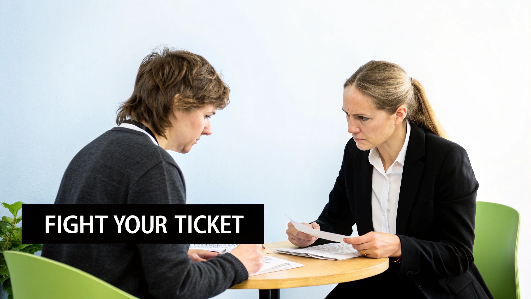 An attorney and client reviewing documents together in a professional office setting.