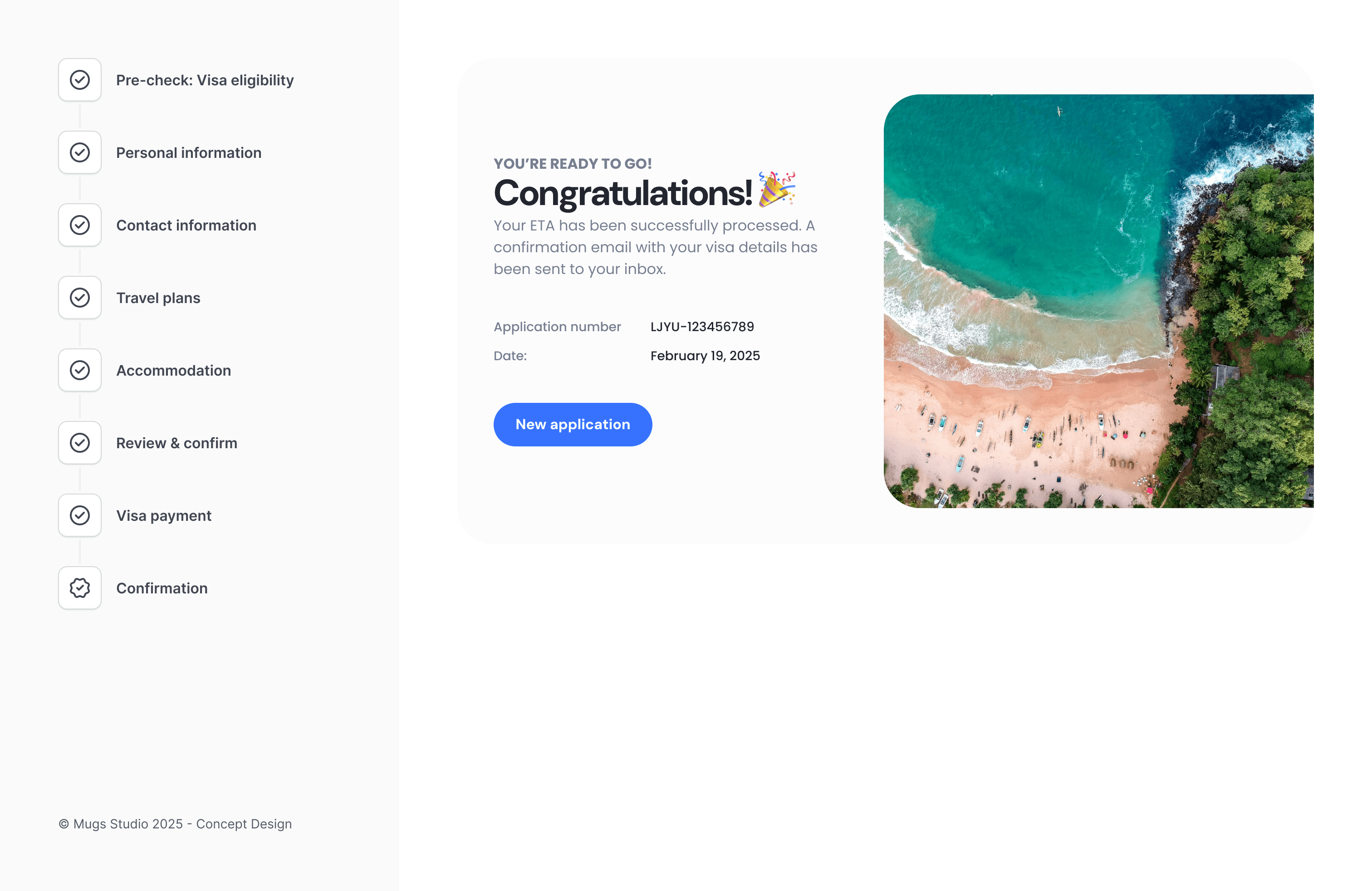 Confirmation screen showing approval message, application details, and a scenic beach image.