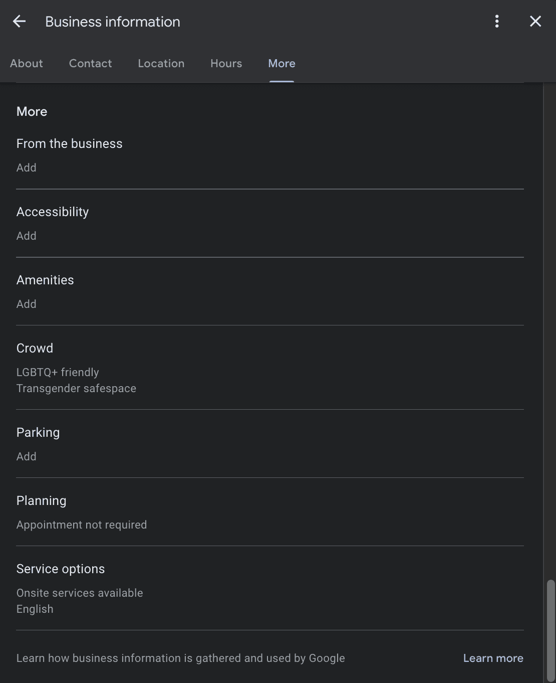 Google Business Profile more section