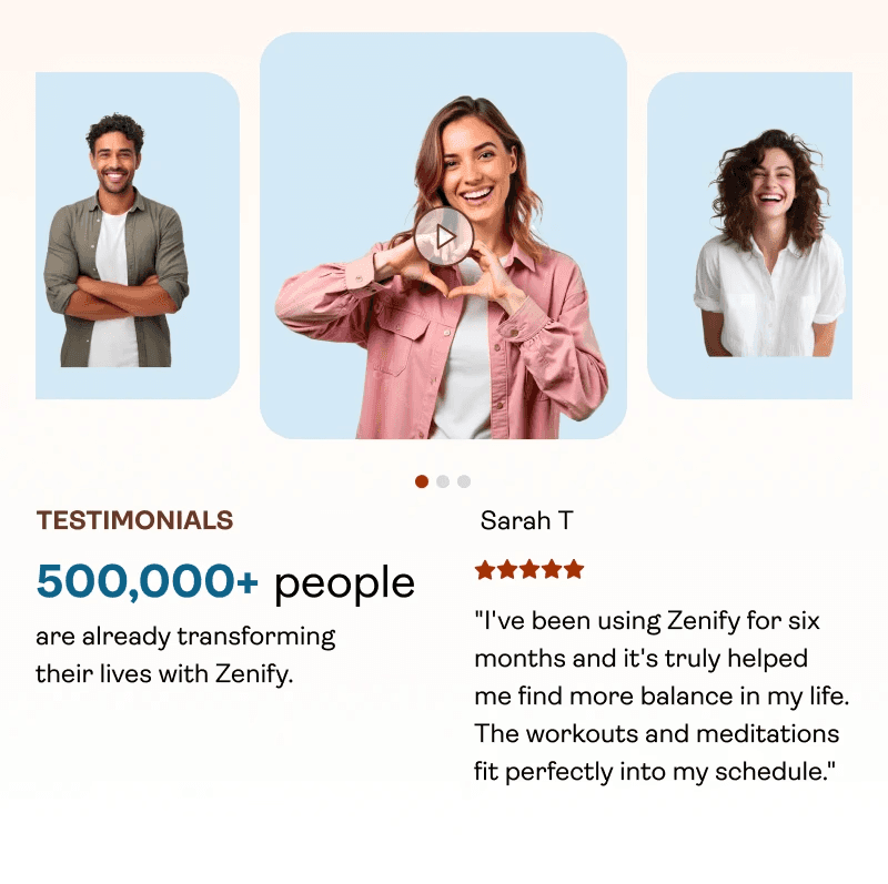 A user interface card from the Zenify website with a light blue background. It shows a partial view of a woman with long, curly dark hair looking towards the left with a bright smile.