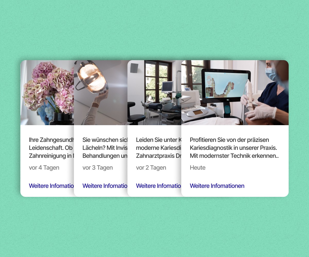 Automatisierte Google My Business-Beiträge für Zahnarztpraxen: Optimierte Inhalte zu Kariesdiagnostik, Zahnreinigung und Behandlungen.