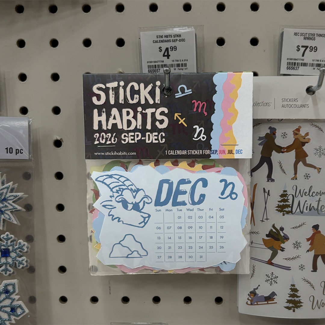 Sticker display of "Sticki Habits 2026 Sep-Dec" calendar pack with "Dec" month partially visible, featuring a Capricorn symbol and goat illustration.