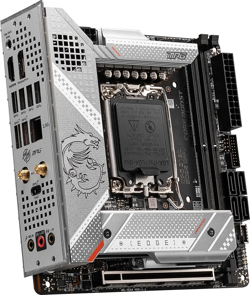This is an image of the MSI Z790i EDGE motherboard, a compact ITX board designed for high-performance Intel systems with DDR5 support and advanced connectivity features.