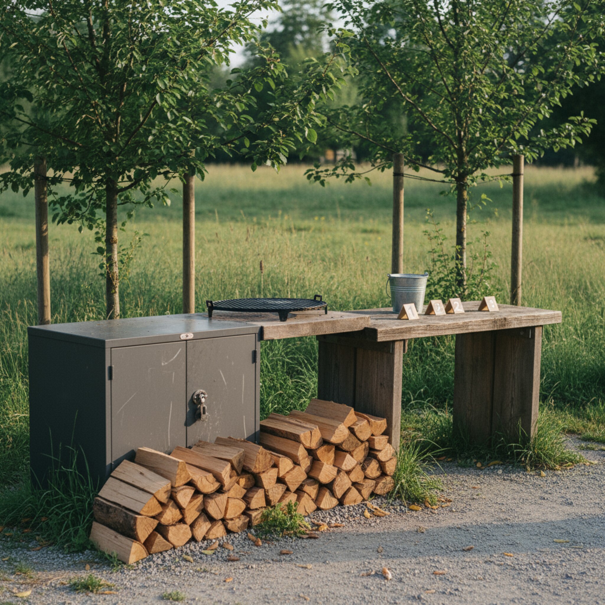 Ein ordentlicher Holzstapel liegt neben einem verschließbaren Materialschrank, daneben glänzt ein sauberer Grillrost. Auf dem Tisch sind nummerierte Platzmarken und ein kleiner Eimer für Asche bereitgestellt. Die Lichtstimmung ist mild, alles wirkt organisiert und wertig.