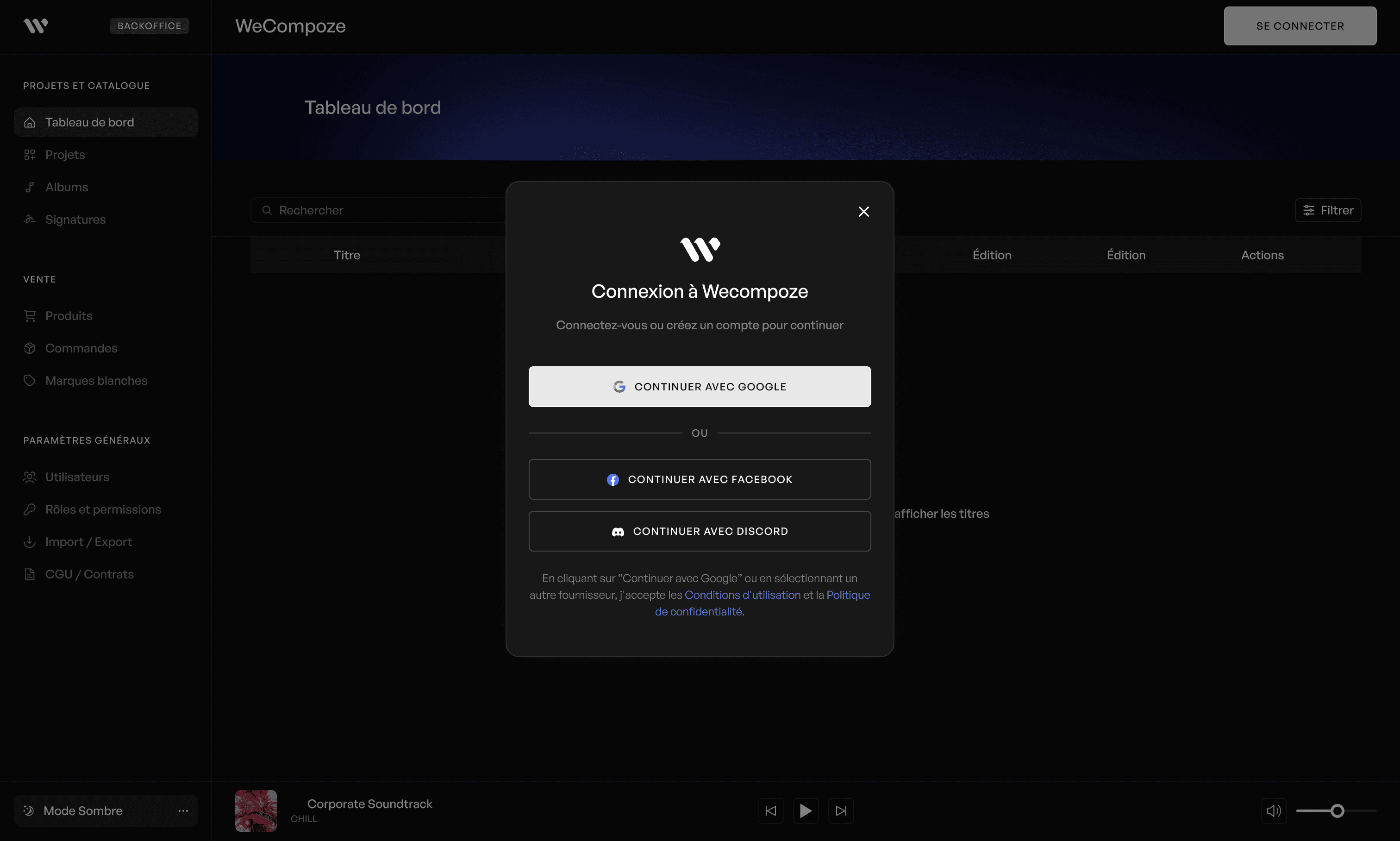 WeCompoze Plateform - Connection