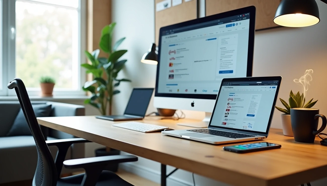 Modern home office setup with desktop, laptop, smartphone, plants, and coffee cup for remote startup hiring platforms.