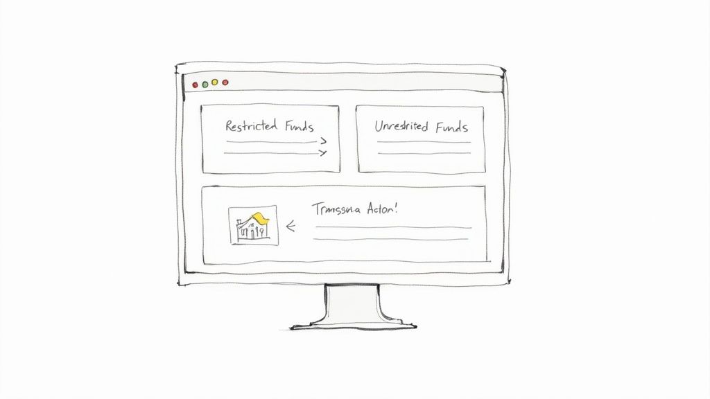 A hand-drawn sketch of a computer monitor showing a UI with 'Restricted Funds' and 'Unrestricted Funds' sections.