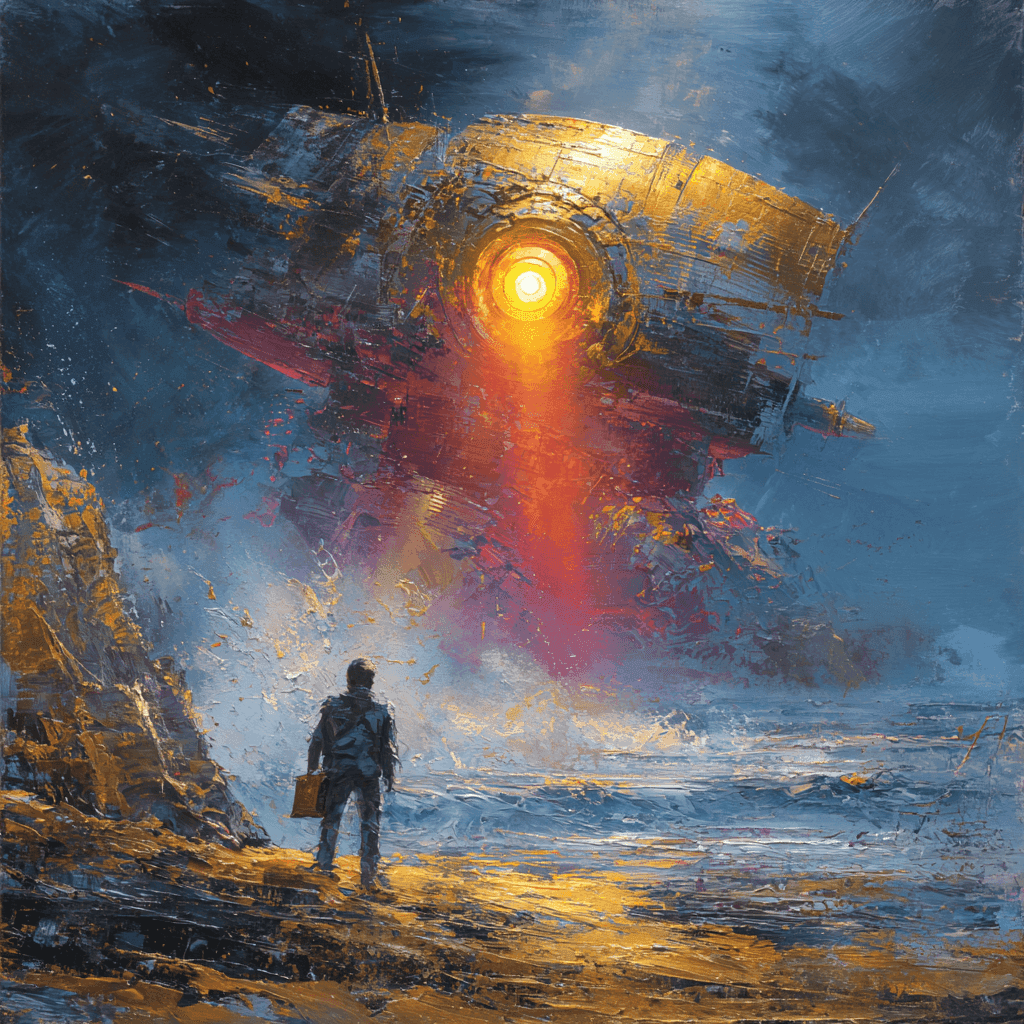 A small, determined human figure standing at the edge of a swirling, chaotic battlefield rendered in Jackson Pollock-inspired oil strokes explosive colors of cobalt blue, crimson red, and ochre gold splattered across the canvas-like sky. Towering above, a massive gold-and-red-glowing AI spaceship or robotic monolith, shimmering with power, dominance, and silent precision. The human figure is grounded, slightly rough around the edges, gripping a notepad or simple tool symbolizing creativity or originality. Around the scene, expressive brush textures evoke both tension and awe. The frame is subtly highlighted with warm golds, drawing the eye to the emotional confrontation. A metaphor for the individual versus algorithmic perfection. style expressive