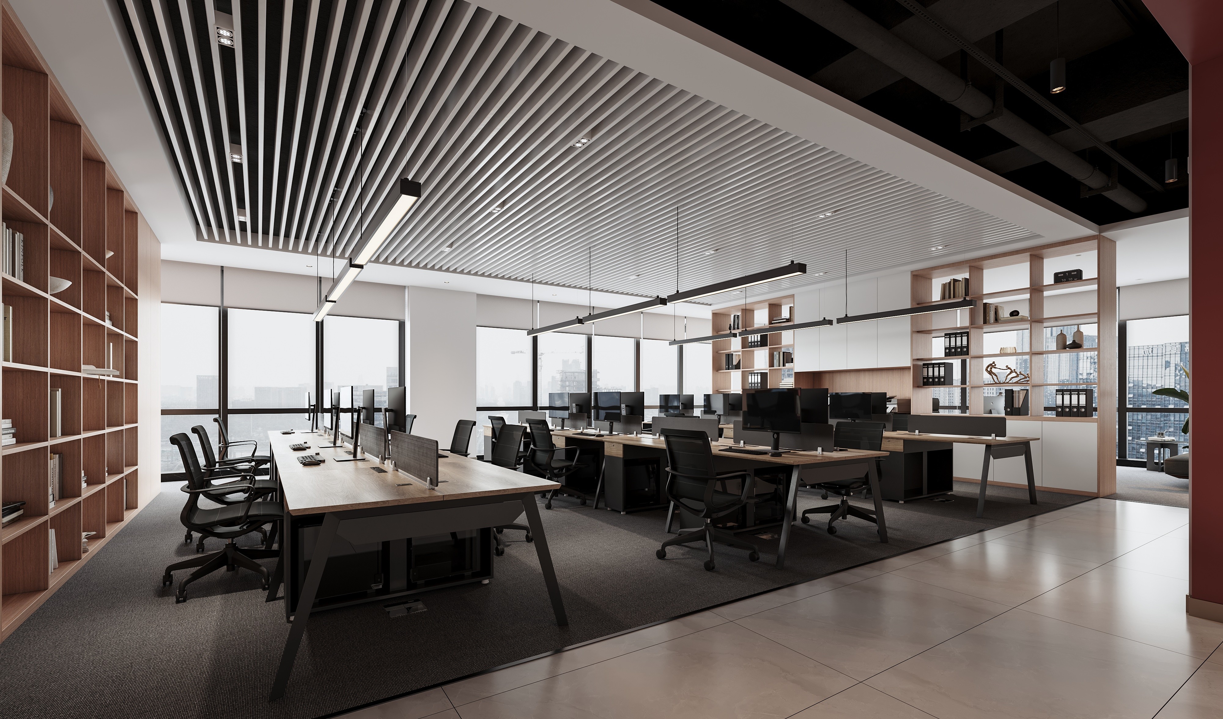 Bespoke office storage solutions featuring light wood lockers and seamless cabinetry