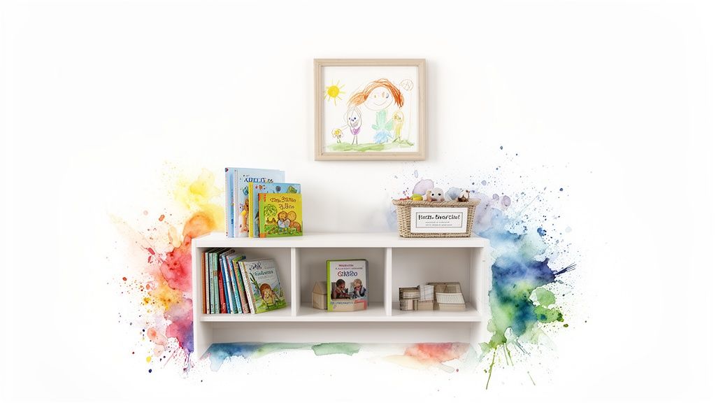 A child's drawing hangs above a white bookshelf filled with books and toys, framed by colorful watercolor splashes.