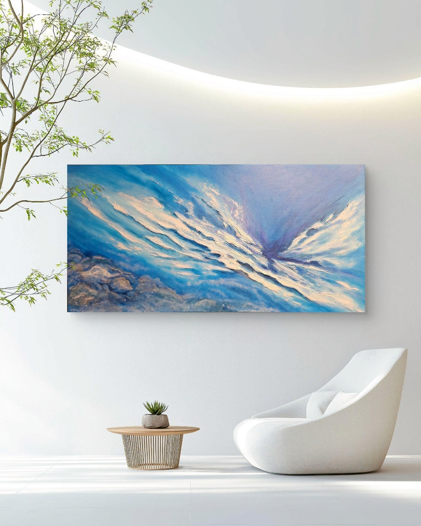 Large blue abstract painting displayed in a minimalist modern interior with white chair and small table.