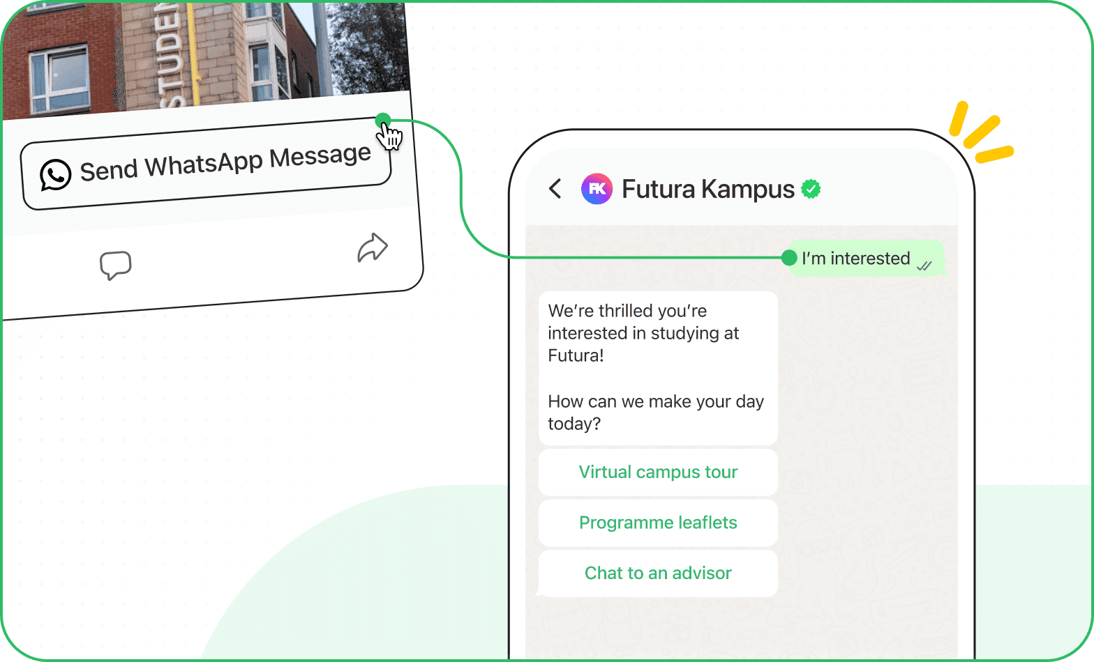 Futura Kampus WhatsApp chat interface. User expresses interest, receives options for further engagement.