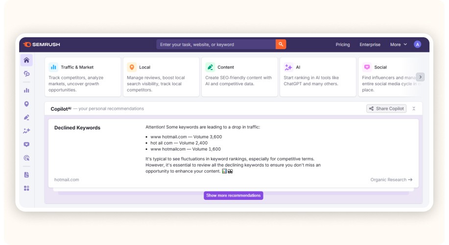 Capture d’écran de l’interface SEMrush