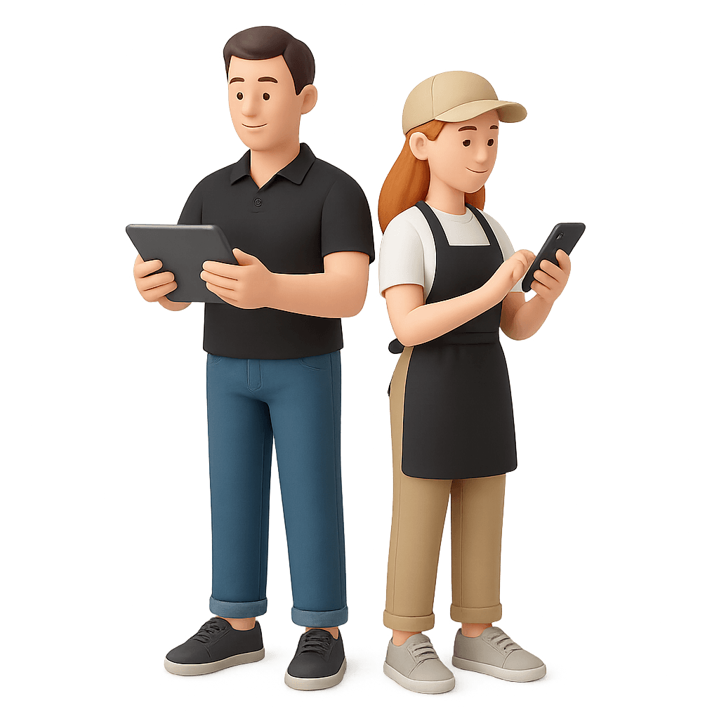 Ilustración 3D que muestra al staff de un local gastronómico utilizando sus dispositivos