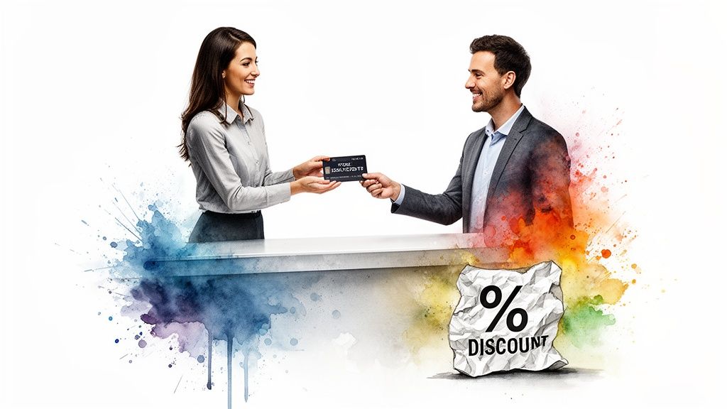 A smiling man and woman exchanging a black credit card, surrounded by watercolor splashes and a discount sign.