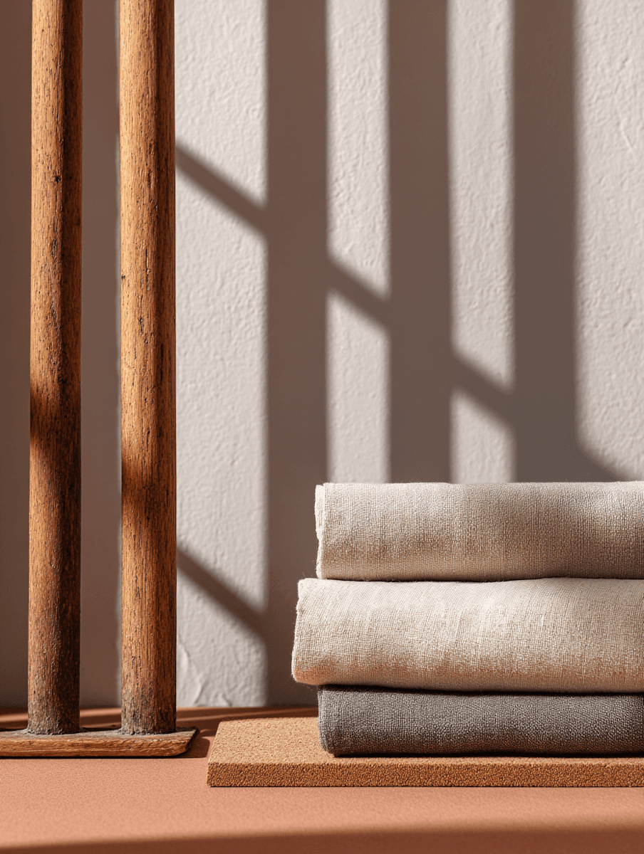 A stack of three folded linen towels in beige, oatmeal, and charcoal tones, resting on a cork mat next to wooden poles. Strong vertical shadows are cast against the textured white wall behind them.