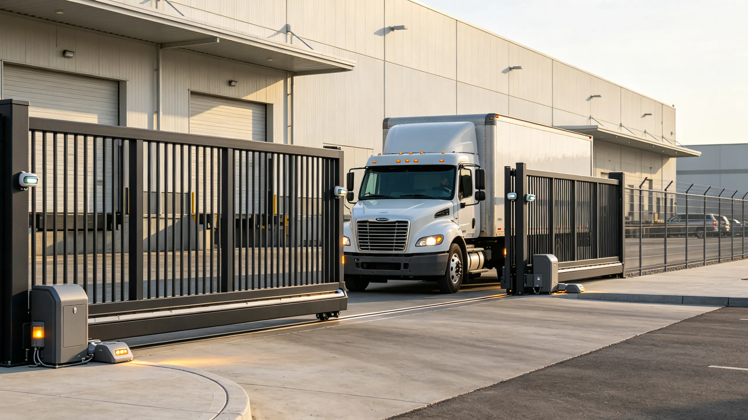Automatic sliding gate with integrated safety sensors, safety edge, warning light, and motor system