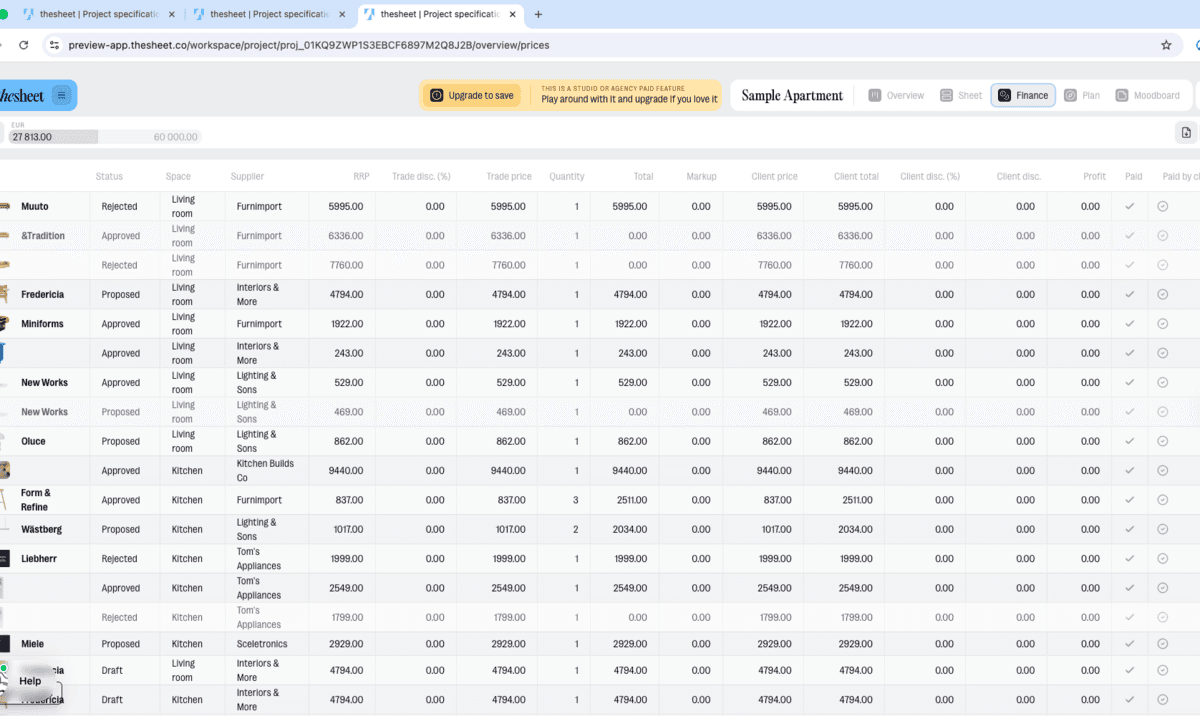 Project finance summary with prices in thesheet