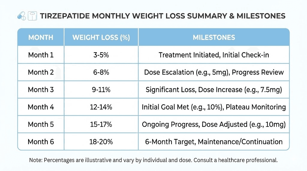 Month by month tirzepatide weight loss expectations and milestones table