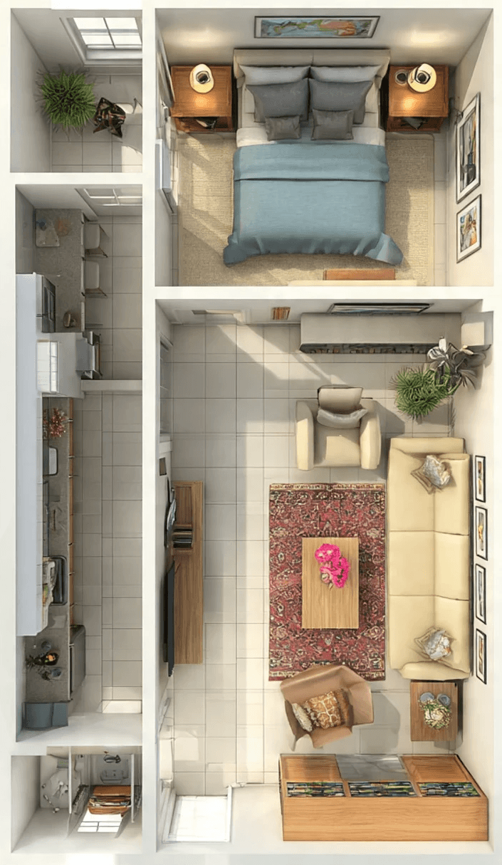 Top-down view of a cozy apartment layout featuring a bedroom with a blue bed, a living room with beige seating and a patterned rug, a kitchenette, and a bathroom, all decorated with plants and warm lighting for a welcoming atmosphere.