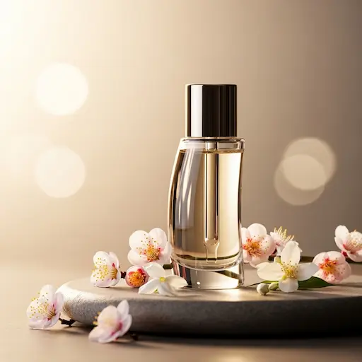 Elegancka butelka serum i kwiaty na tacy – pielęgnacja skóry po masażu transbukalnym.