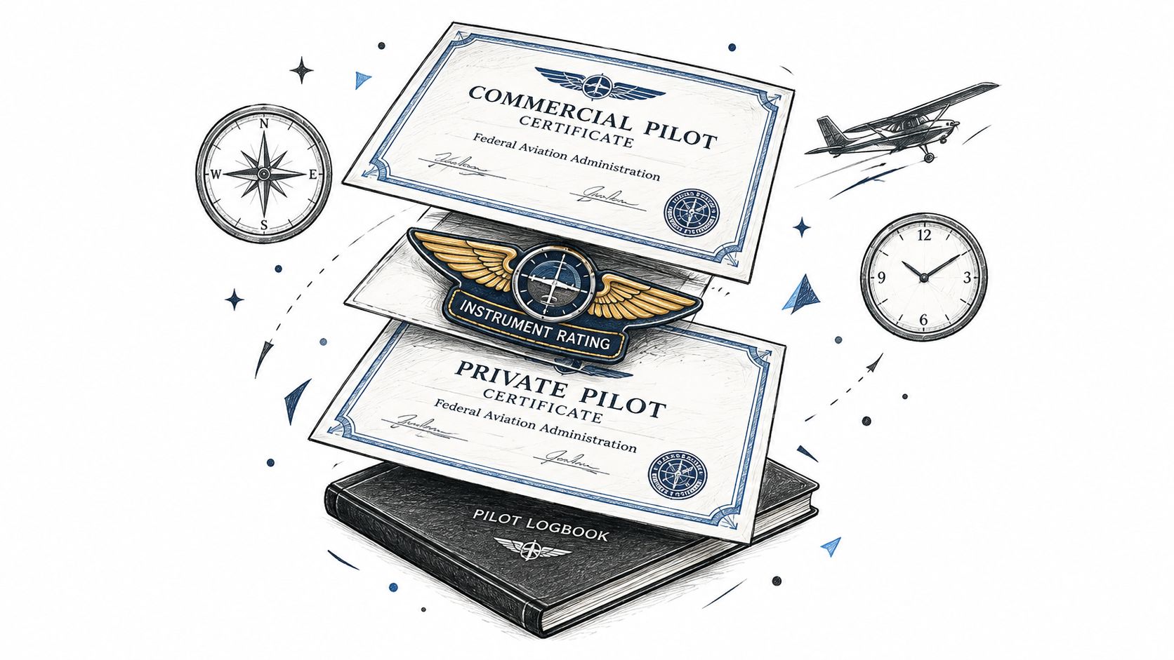 A professional illustration featuring a pilot logbook, private and commercial pilot certificates, and an instrument rating badge.