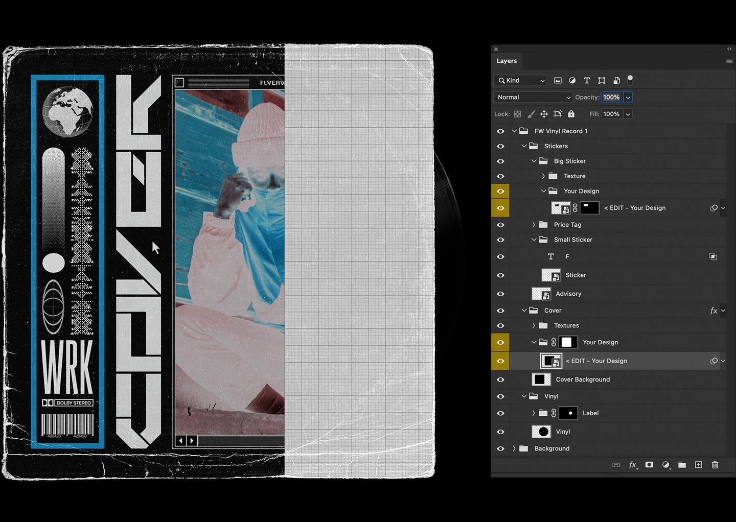 Vinyl record mockup layered Photoshop PSD showing organized smart object layers