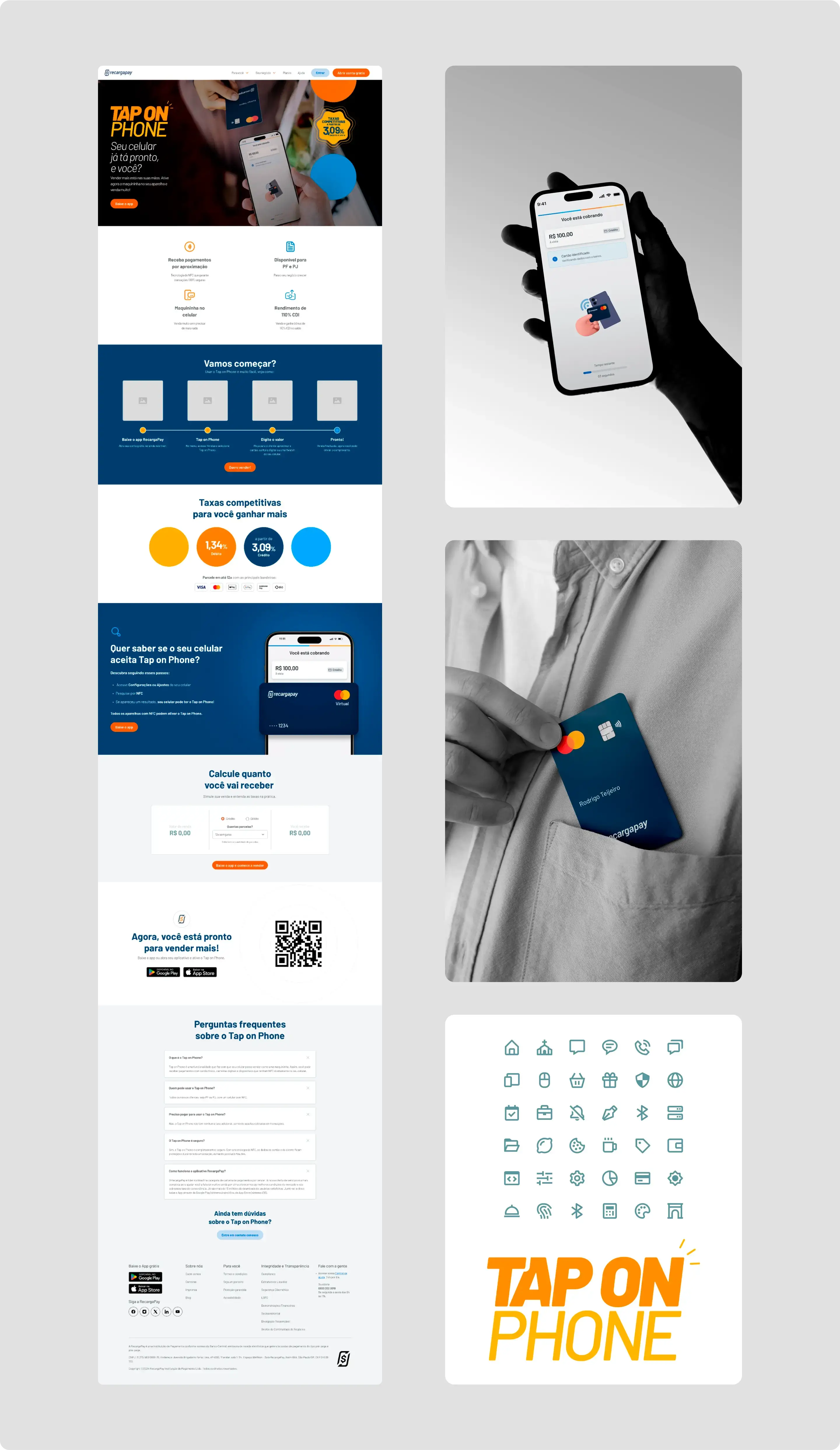 Full landing page design for RecargaPay's Tap On Phone, combining educational UI, fee calculator, and brand-aligned visuals to drive app adoption among Brazilian entrepreneurs.