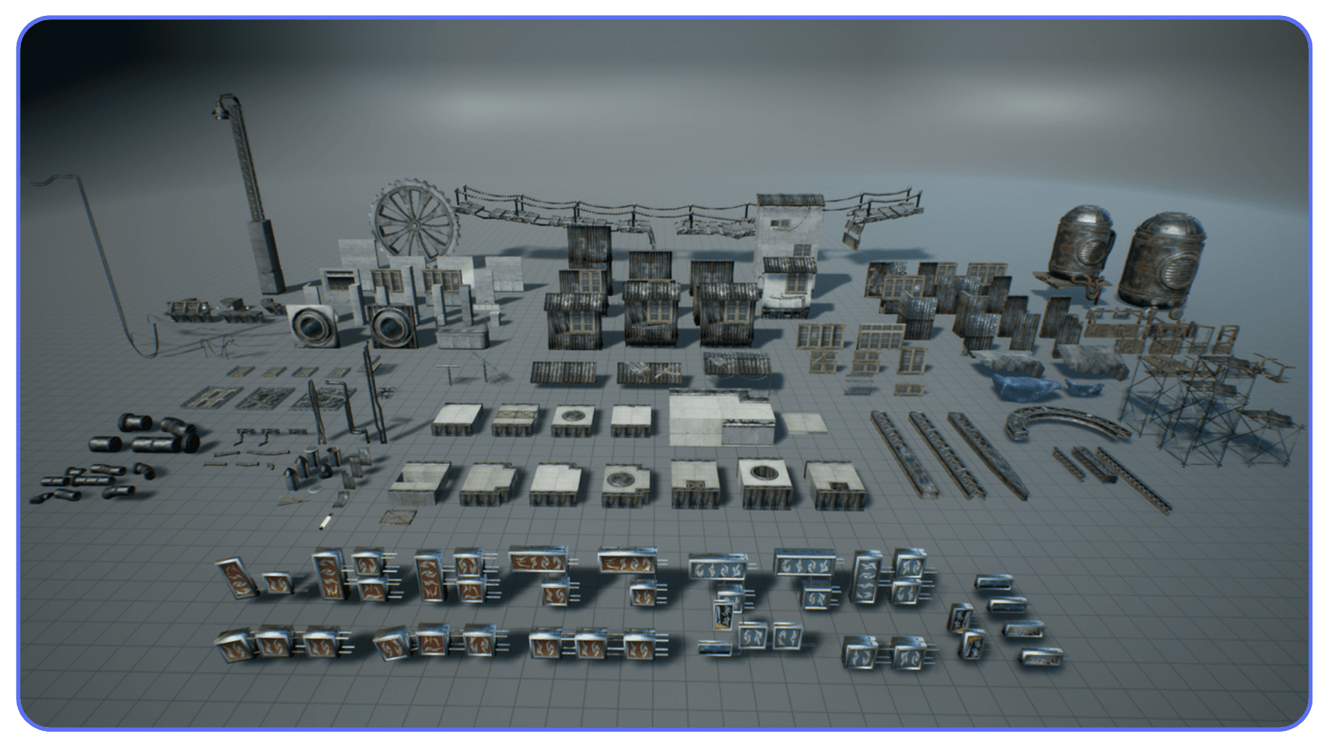 Full industrial 3D asset kit displayed in rows, including pipes, machinery, panels, and modular structures.