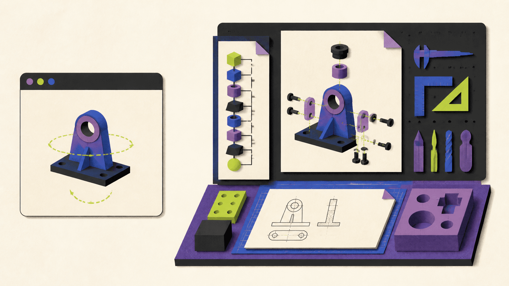 Browser-based CAD viewer beside a full remote workstation with mechanical modeling and drawing tools.