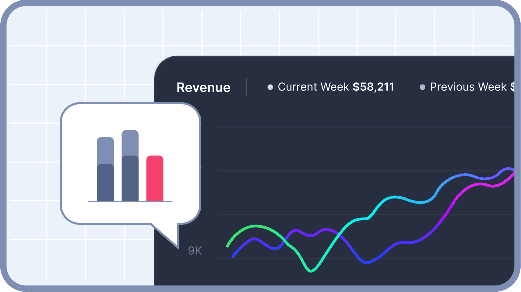 A digital graphic displaying a financial data analysis with a circular graph and chat bubble highlighting 58,211 for the current week, alongside a bar chart comparing current and previous week trends.