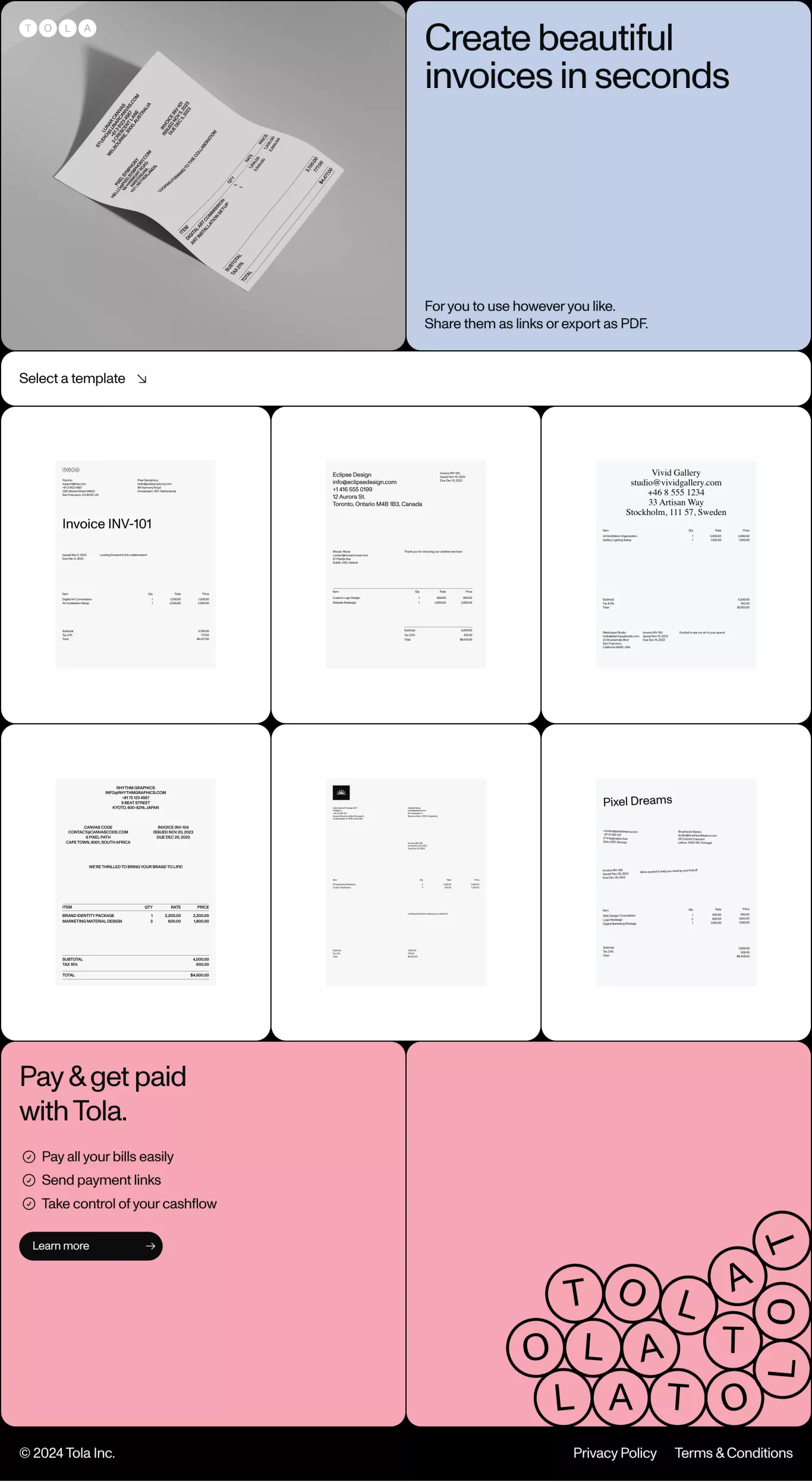Tola other page screenshot showcasing Tech and Finance design