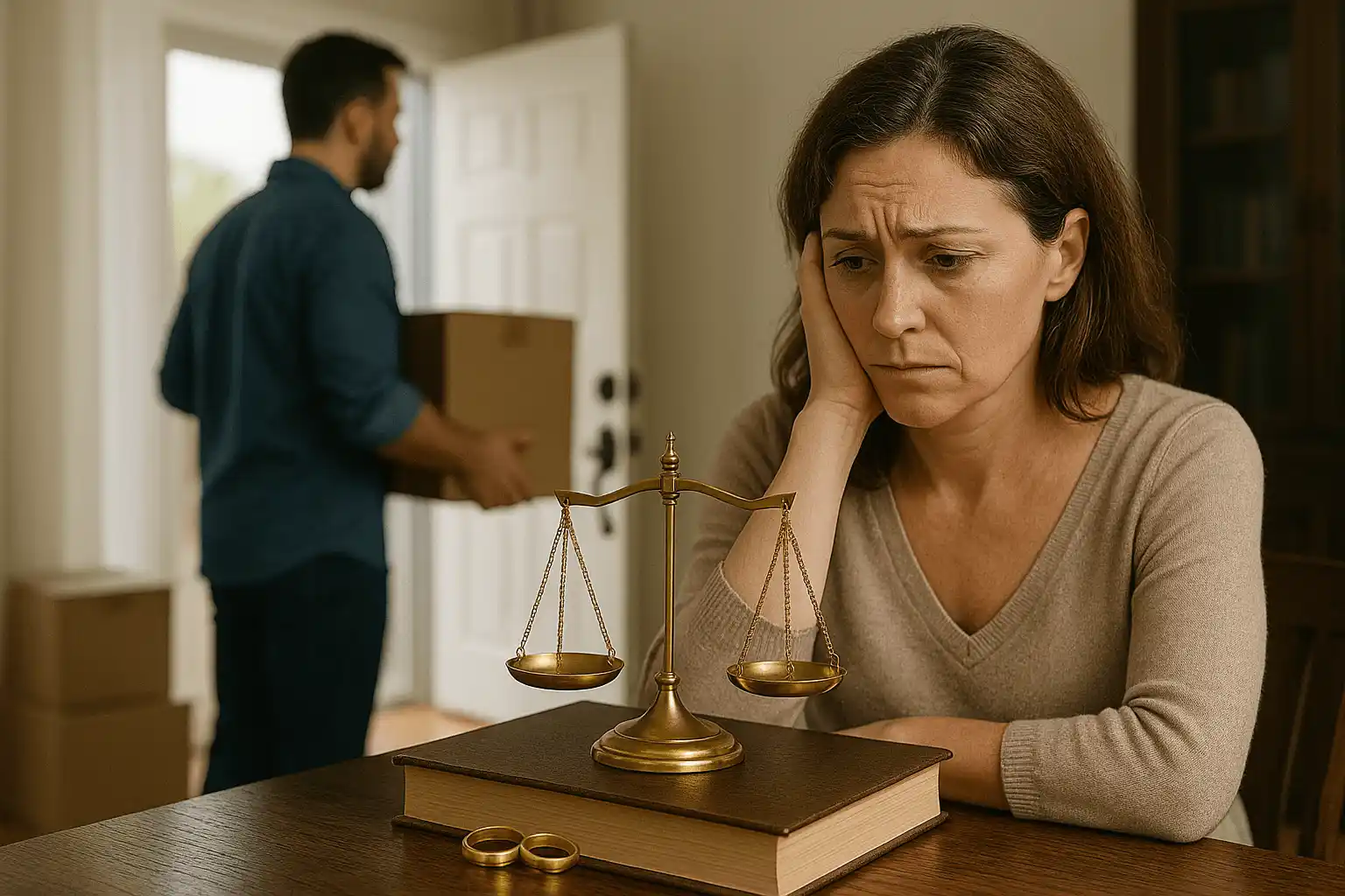 Worried woman sitting at a table with divorce rings and a justice scale while a man in the background carries moving boxes out of the home.