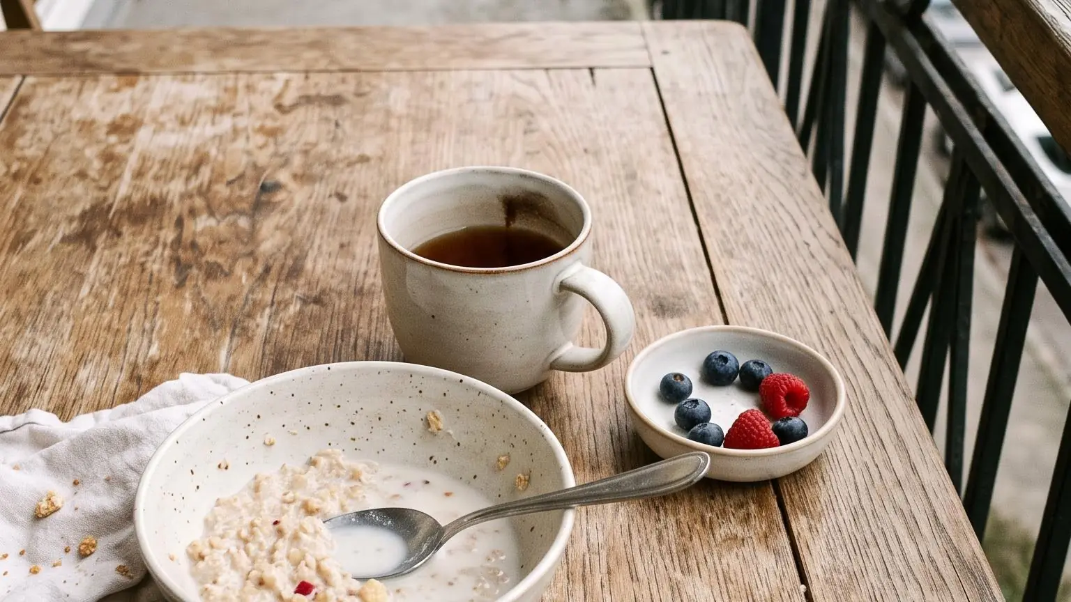 Seen from above, a balcony table part way through breakfast: porridge, tea and a dish of berries