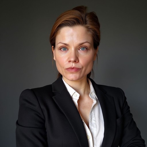 Tosca de Jong, system architect and strategic thinker on coherence and data governance, in a black blazer and white shirt against a grey background, formal professional portrait.