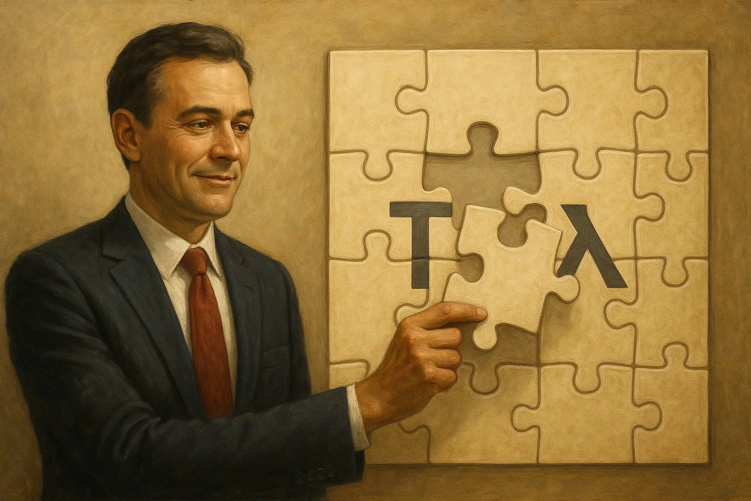 Business owner confidently placing the final piece into a puzzle shaped like a tax form, symbolizing understanding the PTE election.