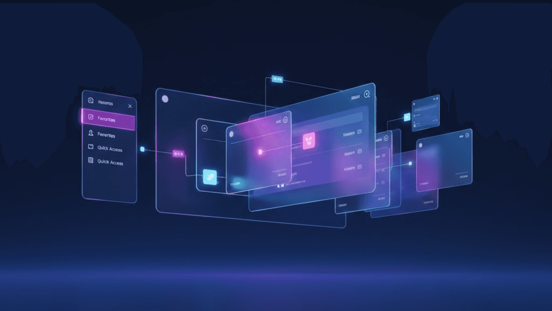 An abstract, high-tech 16:9 visualization of a high-performance software interface featuring floating, translucent UI panels in a deep blue and purple neon palette. To the left, a minimalist sidebar shows favorites and quick-access nodes, while the center displays interactive cards and boards connected by glowing data threads. This conceptual digital illustration emphasizes speed, small-screen optimization, and fluid real-time collaboration in a modern project management workspace.