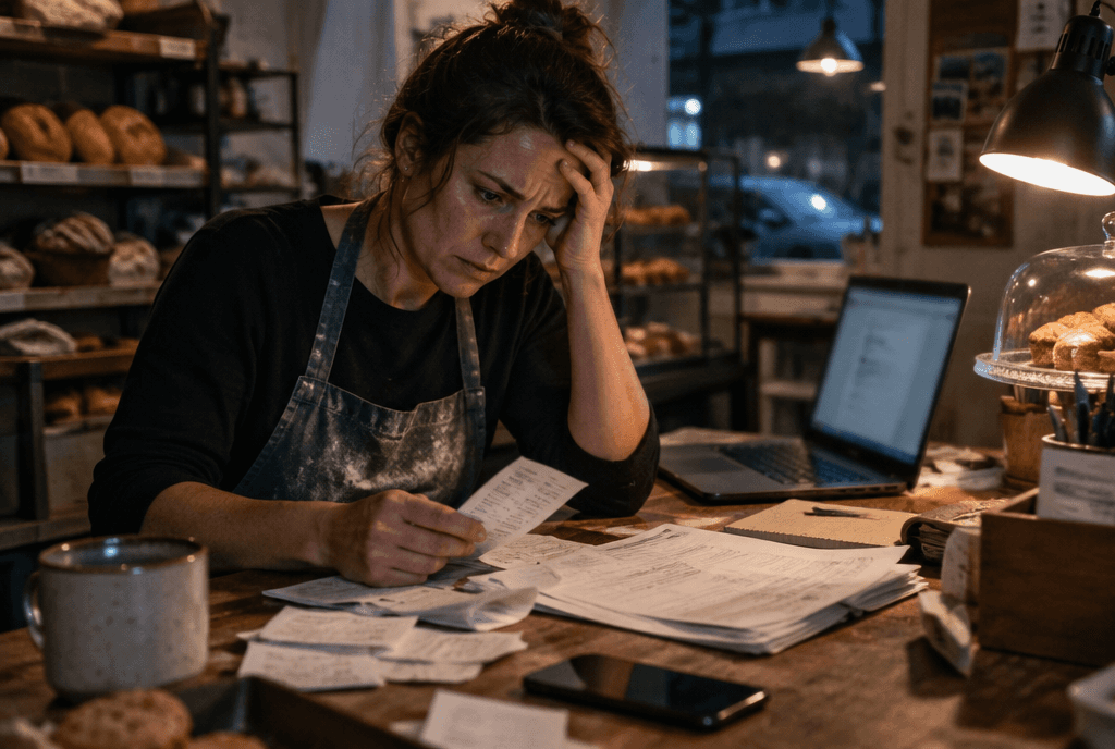 Bakery owner reviewing receipts and an ad invoice at the shop counter after closing