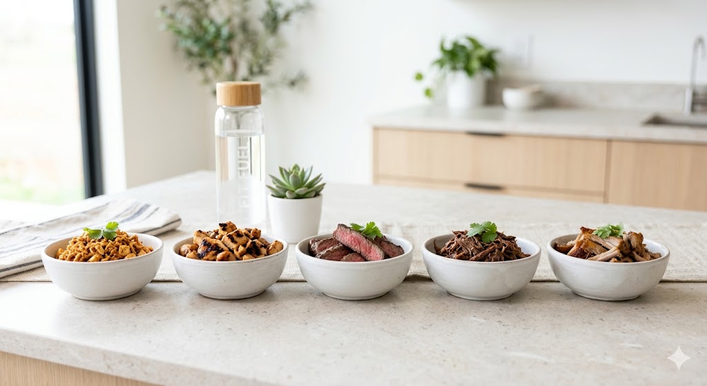 A side-by-side comparison of five Chipotle protein options in white bowls: Sofritas, grilled chicken, steak, barbacoa, and carnitas, set on a modern kitchen counter with a fitness-themed water bottle.