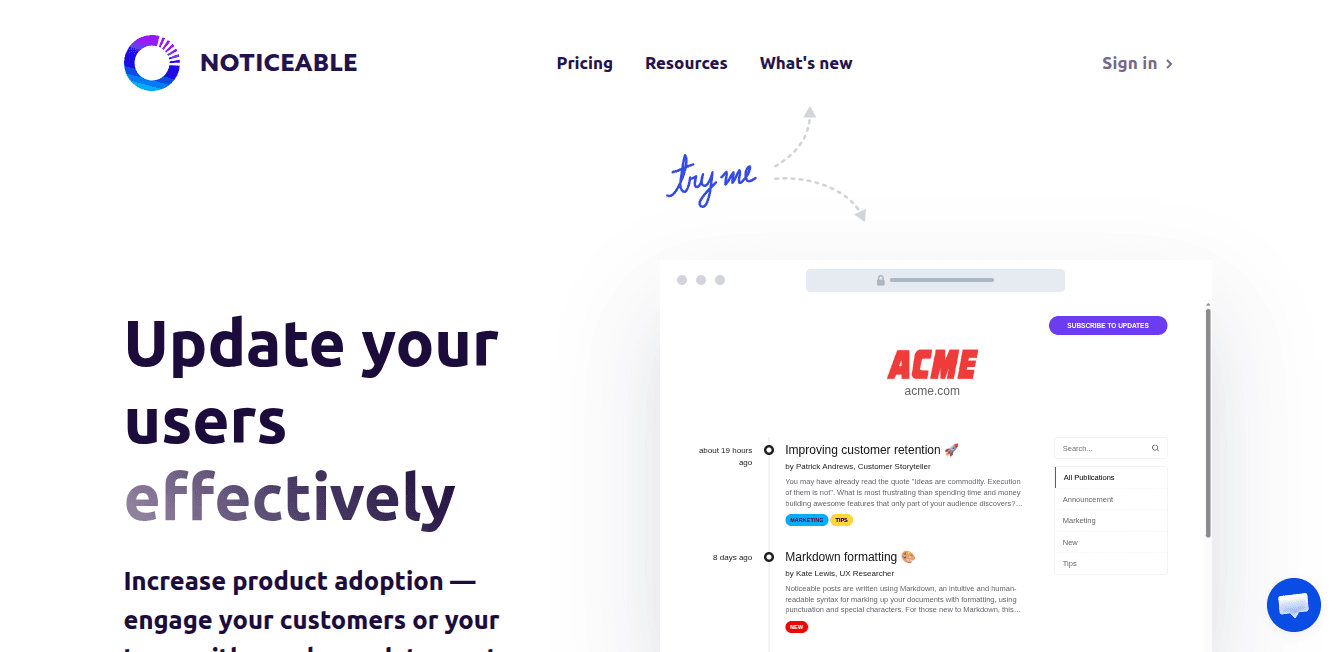 Noticeable homepage showing its product update and changelog platform