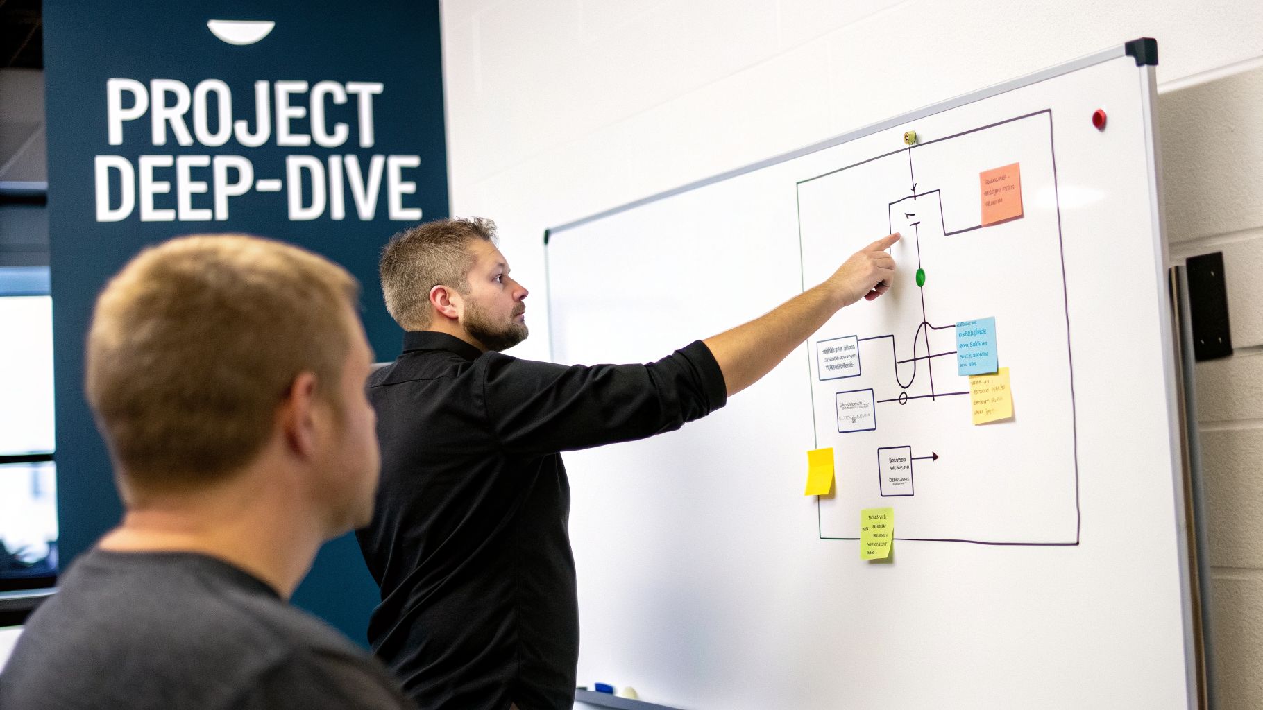 Two men discussing a project workflow on a whiteboard with sticky notes during a deep-dive meeting.