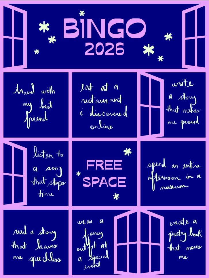 A nine by nine bingo chart for the year 2026. There middle square is a free space.