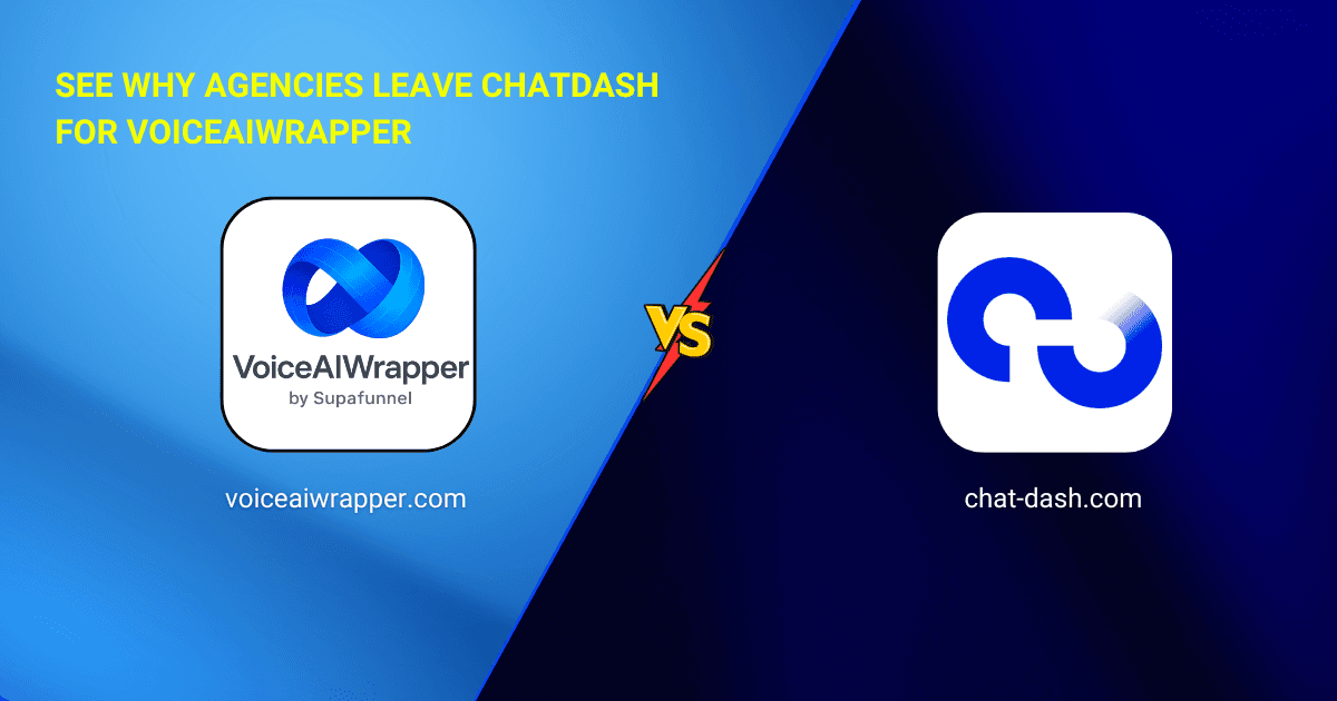 VoiceAIWrapper and ChatDash logos in a versus comparison cover positioning VoiceAIWrapper as the ChatDash alternative for agencies | VoiceAIWrapper.