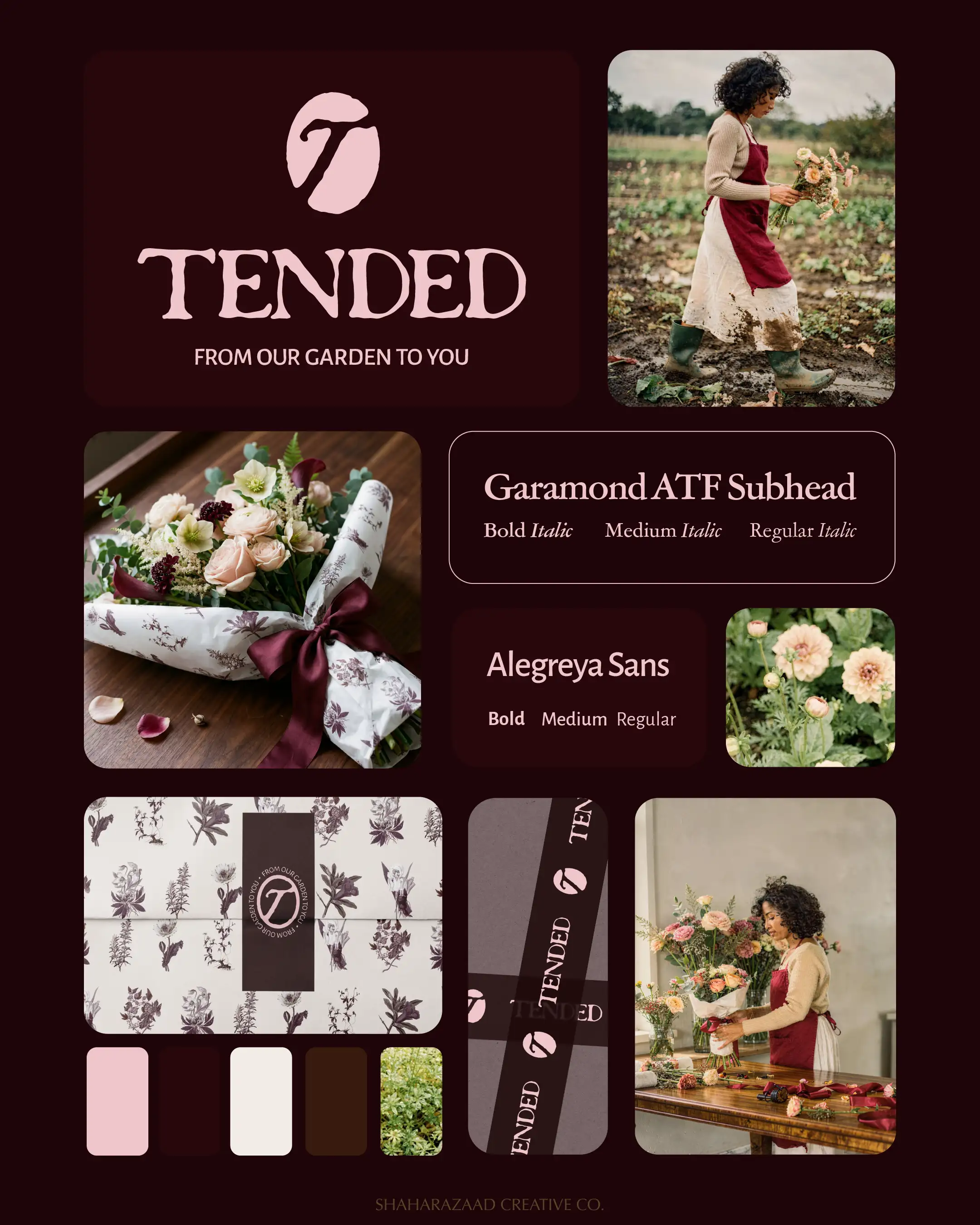 Tended brand board — logomark, wordmark, colour palette, typography, botanical tissue paper, branded ribbon, and farm photography
